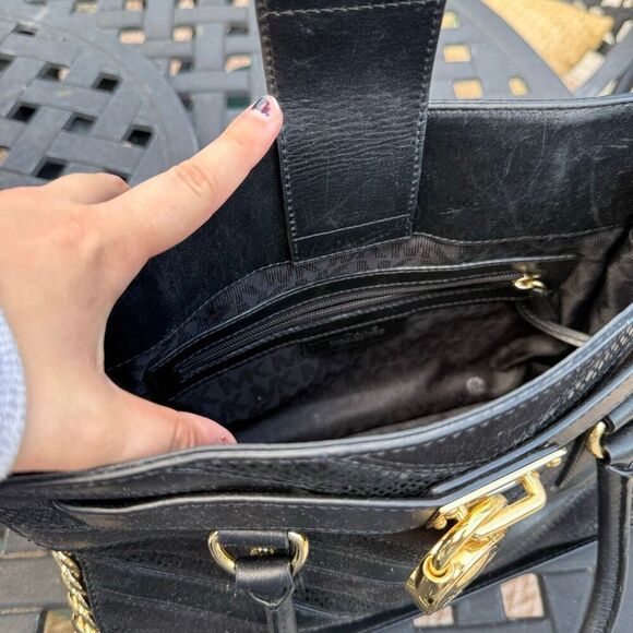 MICHAEL KORS Blk Hamilton Metallic Snake Embossed Leather Bag Satchel Purse - Picture 6 of 7